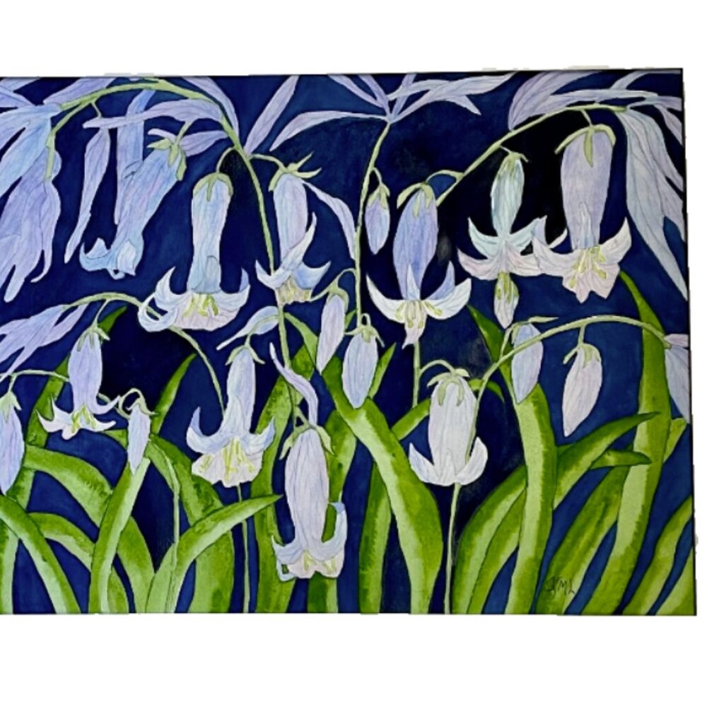 PAINTING WATERCOLOR ORIGINAL ART BLUEBELL FLOWERS BLUE PURPLE 11X14 & 16X20 MAT